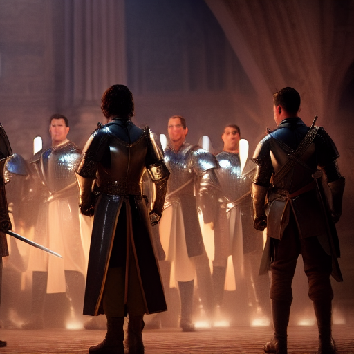 Flynn, dressed in modern clothing, stares in disbelief as a group of knights kneel before him, their swords at his feet.